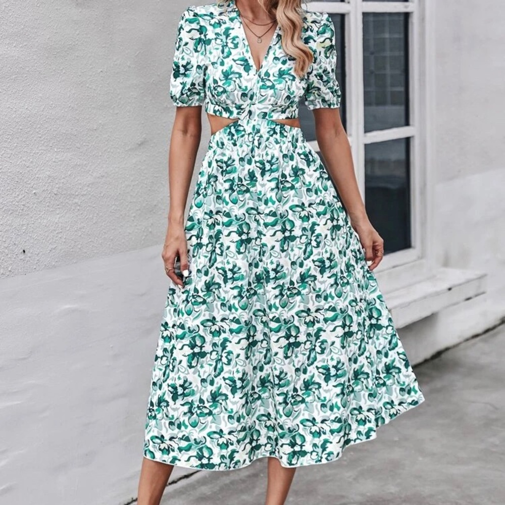 SHEIN - Allover Plant Print Cut Out Tie Back Puff Sleeve Dress